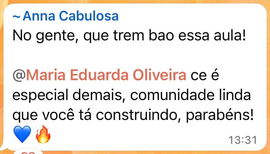 mensagem elogiando a aula e a comunidade
