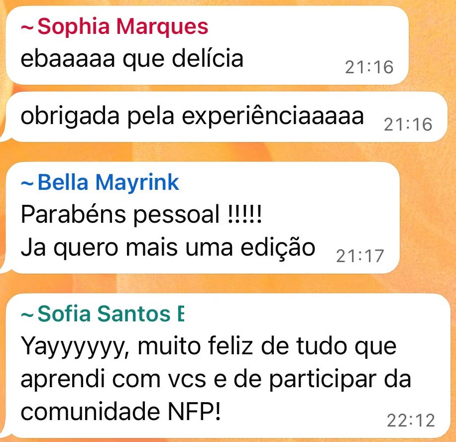 mensagens de participantes agradecendo a experiência do desafio